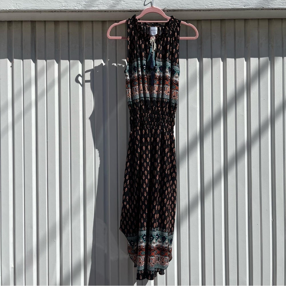 MISA LOS ANGELES black tribal print sleeveless viscose midi dress